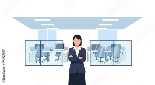 Businesswoman in modern office with glass partitions and computer workstations