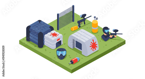 Isometric paintball field scene with players and equipment on grass platform