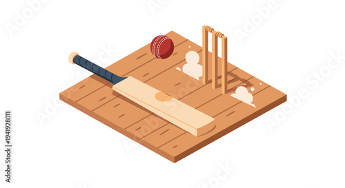Isometric cricket scene with bat, ball, and wooden pitch elements