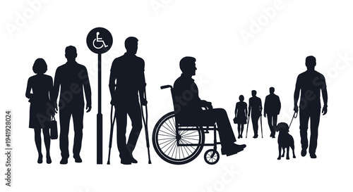 Diverse group of people including those with disabilities depicted in a striking black silhouette high quality