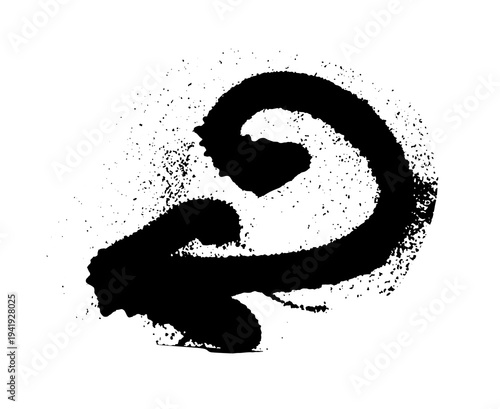 Black spray paint splash shaped like arrow with rough edges and scattered droplets. Grunge ink symbol isolated on white background.