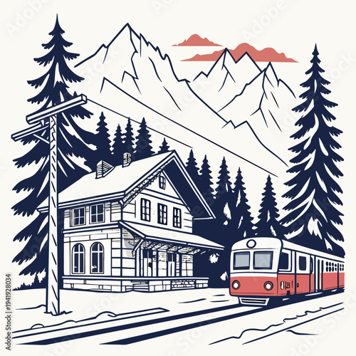 Mountain train station with red train and snow house