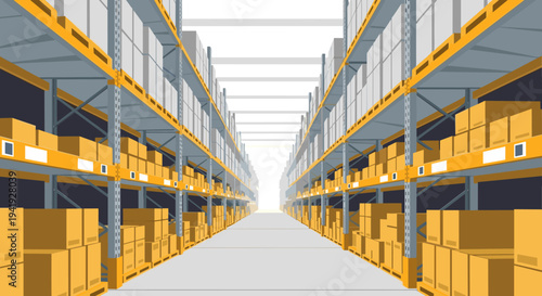 Warehouse interior with stacked storage racks in linear perspective
