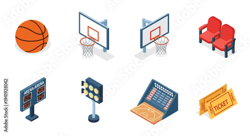 Isometric basketball game elements: hoops, scoreboards, and tickets