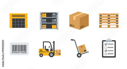 Warehouse logistics icons set featuring equipment, storage, and delivery tools