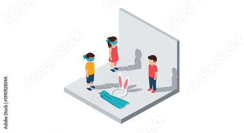 Isometric kids playing hide and seek in 3d room with bunny ears