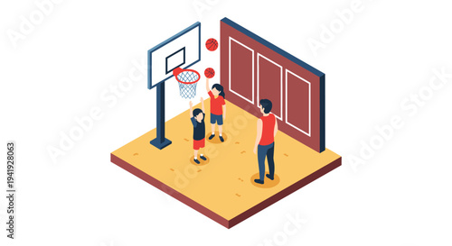 Isometric basketball coaching session with kids on court