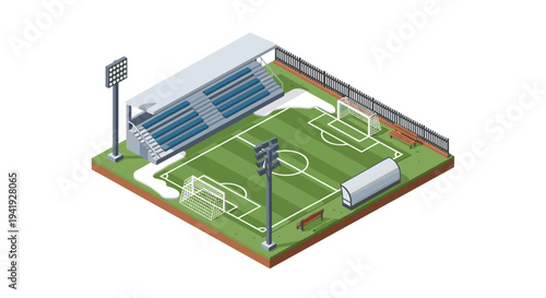 Isometric soccer field with bleachers and stadium lighting