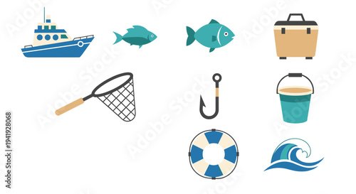 Marine adventure icons: fishing gear with boat, fish, and sea elements in flat design
