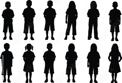 Children silhouettes standing in rows, diversity in hairstyles and clothing, childhood concept, unity, growth, innocence, lifestyle, family, education, playful illustration