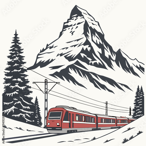Red train traveling through snowy mountain landscape with pine trees 1