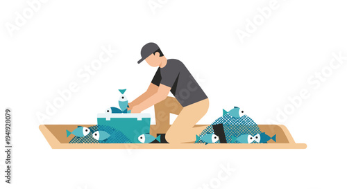 Fisherman collecting fresh catch with basket and box in minimalist style