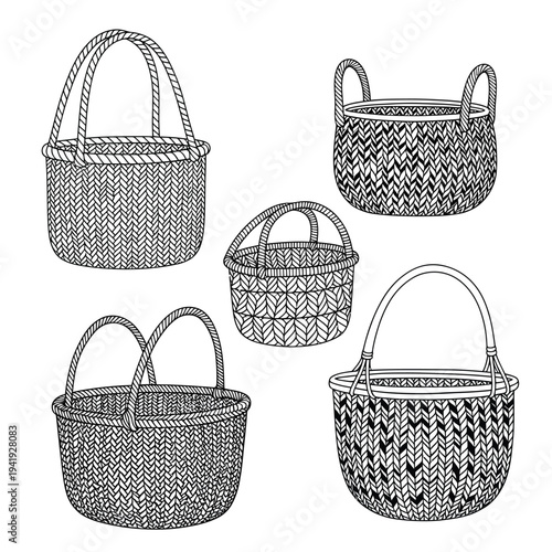 Collection of intricately woven traditional handcrafted baskets in various shapes and sizes illustration