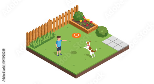 Child playing fetch with dog in isometric backyard garden scene