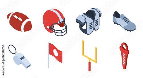 American football equipment icons set featuring helmet, ball, and gear in flat isometric design