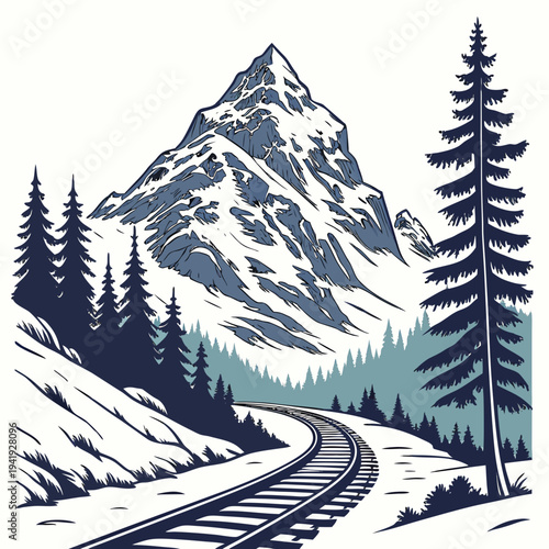 Snowy mountain landscape with railroad tracks and pine trees