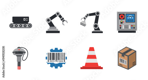 Industrial automation icons: robotic arms, conveyor belt, and control systems in flat design