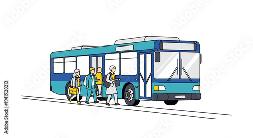 Group of people boarding blue city bus in flat style