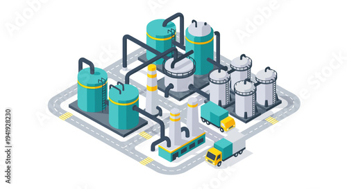 Isometric industrial plant with tanks and trucks on a road system