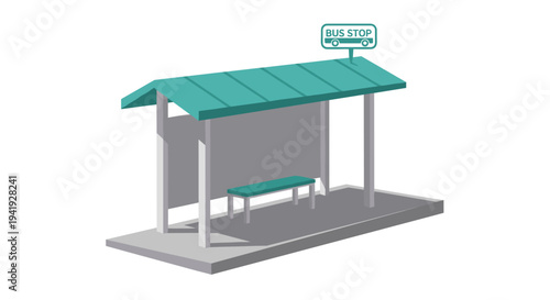 Isometric bus stop with shelter and bench in minimalist design
