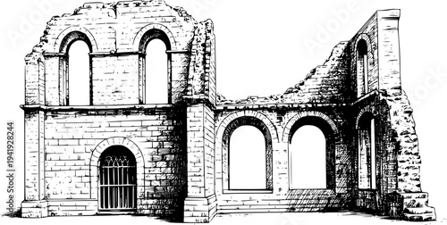 Detailed black and white of crumbling stone building ruins with arched windows and broken walls
