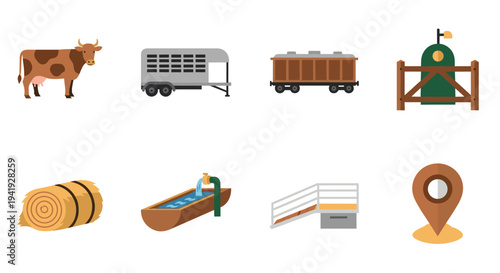 Colorful farm icons featuring cow, hay, barn, and equipment