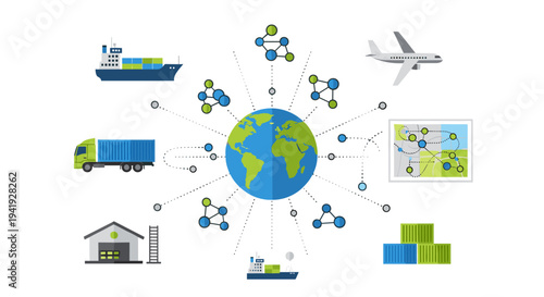 Global logistics and supply chain network with transport and connectivity icons