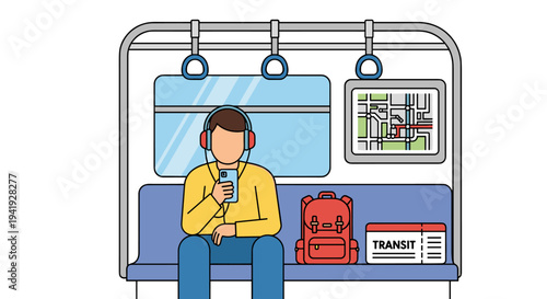 Flat style commuter on subway with smartphone and backpack in urban setting