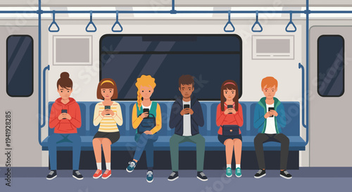 Diverse group of young people using mobile phones on public transport