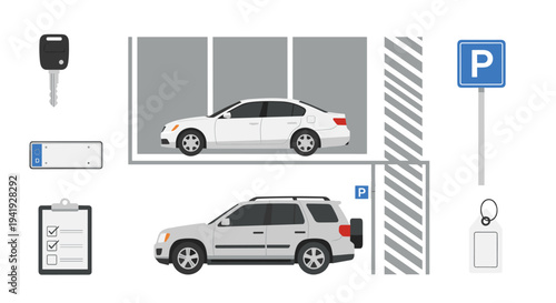 Flat design parking garage elements with cars and signs