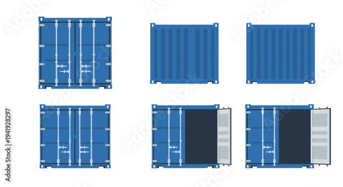 Set of blue shipping containers with open and closed doors in flat design