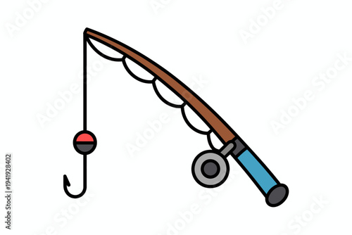 Simple cartoon fishing rod with hook bobber and reel isolated white background