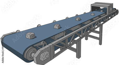 Industrial conveyor belt system with rocks for manufacturing and mining operations