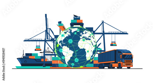Global shipping and logistics network featuring container ships and trucks