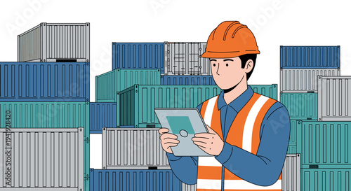 Logistics professional managing shipping containers with digital tablet