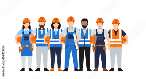 Diverse group of construction workers in flat style with safety gear