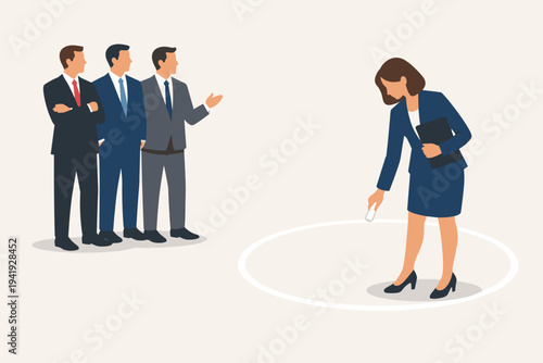 Businesswoman drawing a protective white chalk circle around herself to maintain personal space and social distance from a group of male colleagues in suits, representing professional boundaries.