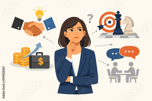 Businesswoman thinking about negotiation strategy and corporate planning with icons for partnership, finance, communication, and goal setting. Flat vector illustration for professional success.