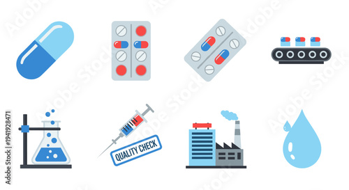 Flat style pharmaceutical icons set featuring pills, laboratory equipment, factory, and water drop