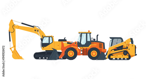 Heavy construction equipment lineup: excavator, bulldozer, and skid steer loader in flat design