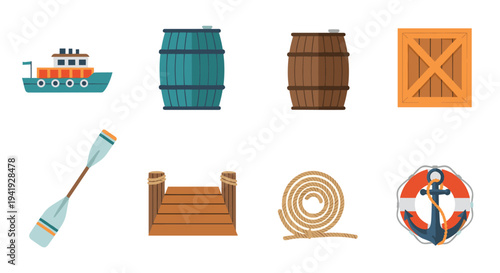 Nautical elements and marine icons set featuring boat, barrel, anchor