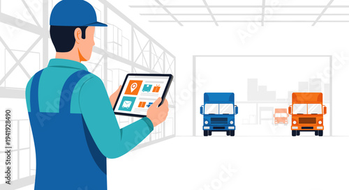 Warehouse management with digital tools and delivery trucks in a modern storage facility