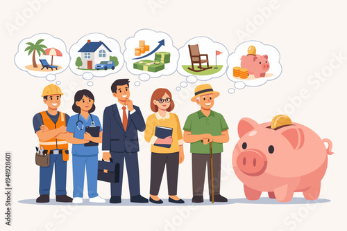 Vector illustration of diverse people from various occupations standing next to a large piggy bank, dreaming of financial goals like retirement, home ownership, travel, and wealth investment.