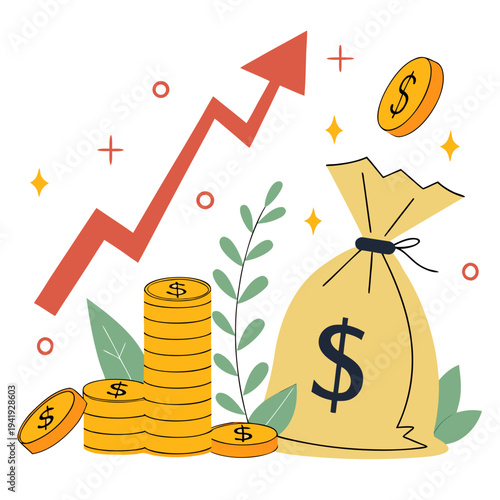 Money bag with coins and growing plant and rising graph