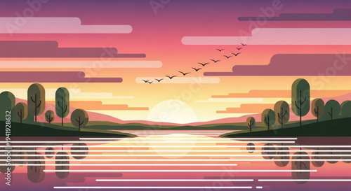 Serene lake scene at sunset with birds flying over trees and water reflections