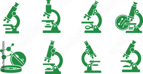 Collection of various scientific microscopes and laboratory tools icons isolated on transparent background