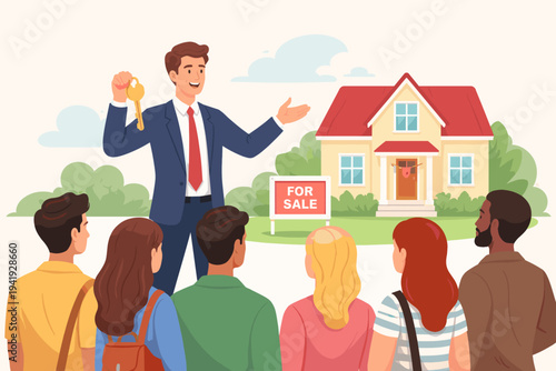 Real estate agent in a suit holding a house key and presenting a suburban home with a for sale sign to a diverse crowd of potential buyers, property investment, mortgage and housing market concept.