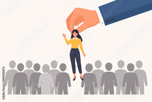 Vector Illustration of a Large Hand Picking Up a Professional Woman from a Crowd of Grey Silhouettes, Representing Recruitment, Talent Selection, Career Success, and Standing Out in a Job Search.