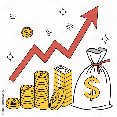 Money bag with coins bills and rising graph dollar sign