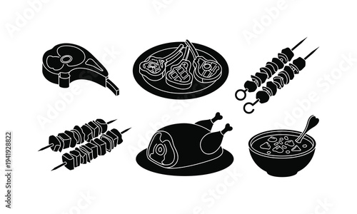 Grilled meat dishes and skewers illustration set